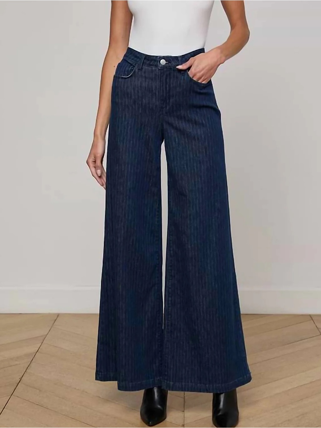 L'agence Quincy Pinstriped Navy Wide-Leg Trouser Jean Denim Dark Wash Pants 23